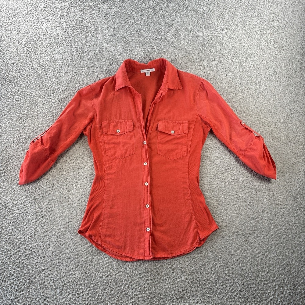 James Perse Slub Side Panel Shirt Womens 1/Small Orange Roll Tab Button Front